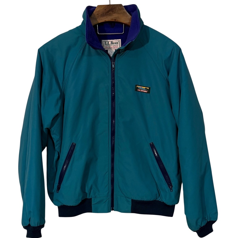 Vintage LL Bean Mens Warm-up Jacket Teal Blue Fleece Lined Windbreaker L